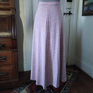 VINTAGE Maxi Gray Polyester Skirt with Red, Black and Metallic Silver Grid